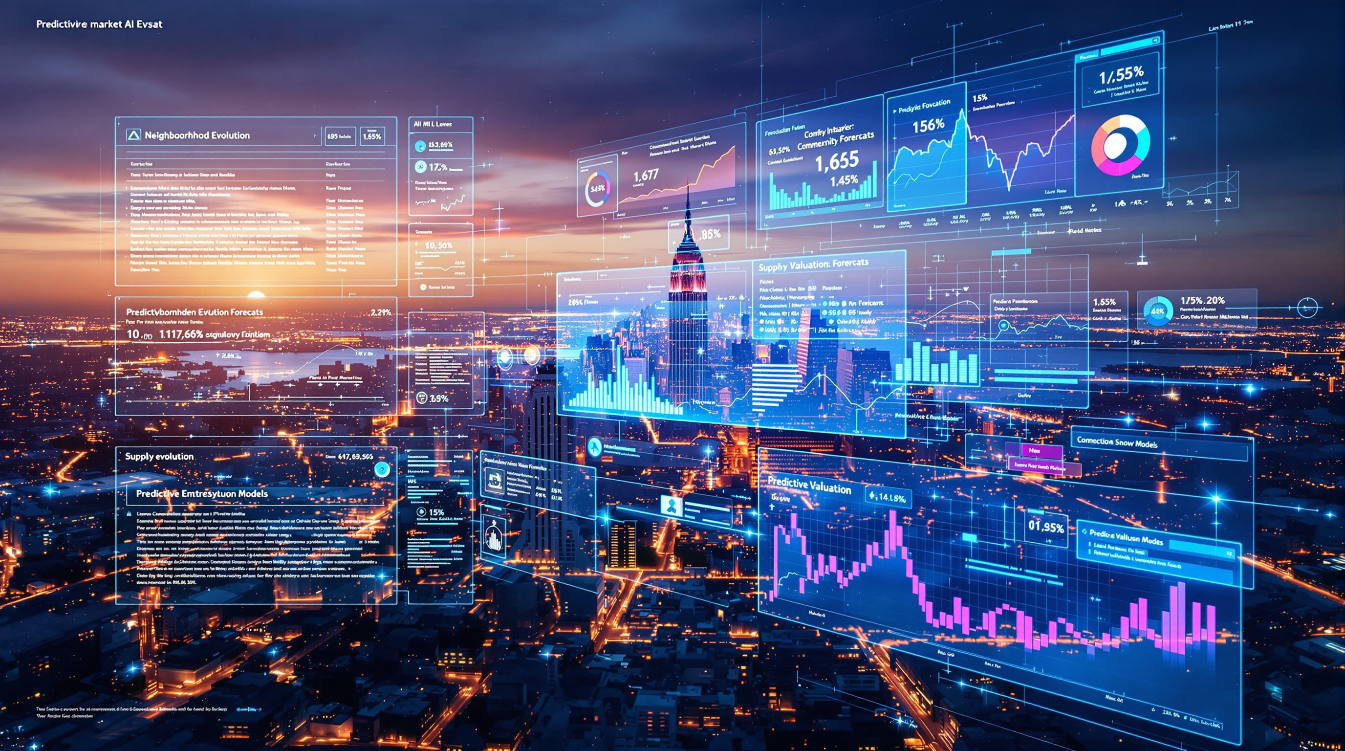 Visualization of AI-powered predictive market intelligence for commercial real estate with data visualizations and property insights